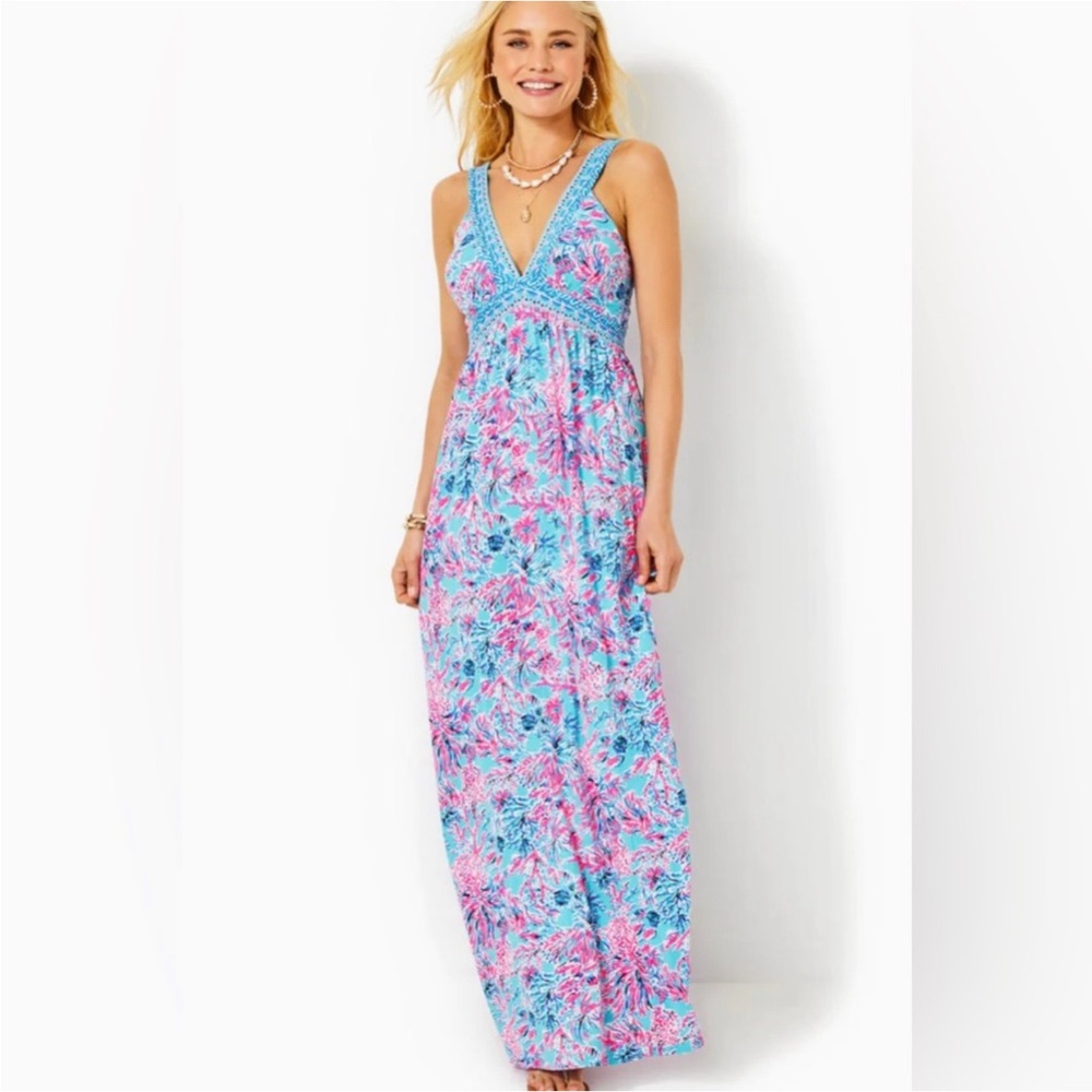 Lilly Pulitzer NWT Serena V-Neck Maxi Dress in Celestial Blue Seek and Sea 00 - Picture 3 of 16